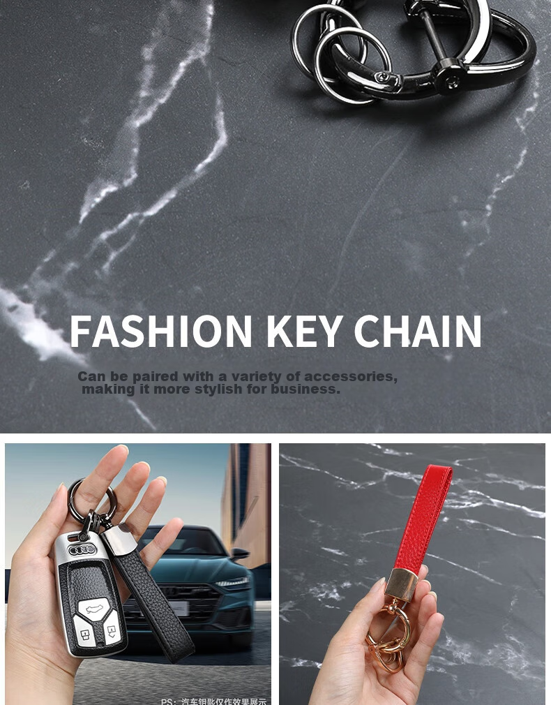 ESCASE Car Key Chain Genuine Leather Pendant for Men And Women, Key Ring, Waist Strap, Electric Vehicle, Audi, Volkswagen, BMW, Black 3