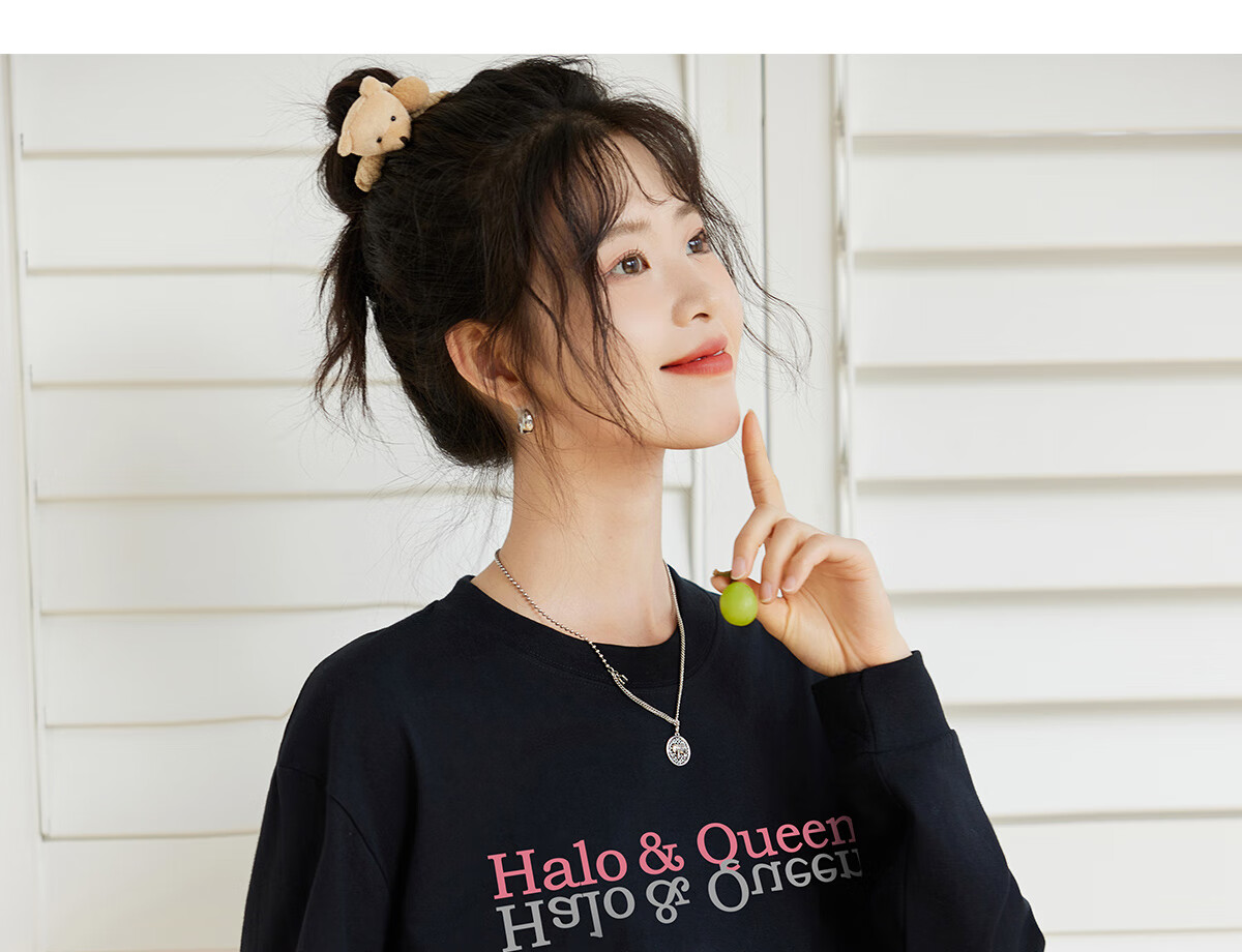 Halo Queen Women's Long Sleeve Cotton T-Shirt Spring Autumn Round Neck Letter Bow Print Casual Base Shirt New H143T2009 30