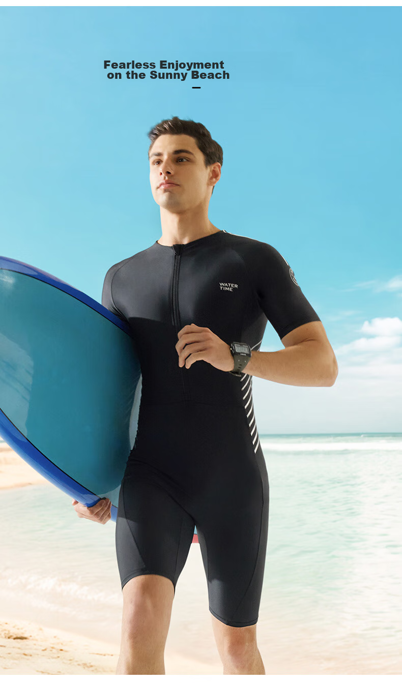 WATERTIME / Shuichuan Men's One-Piece Swimsuit with Short Sleeves, Knee-Length Diving Suit, Swimming Trunks, Black And Silver, Size M 3
