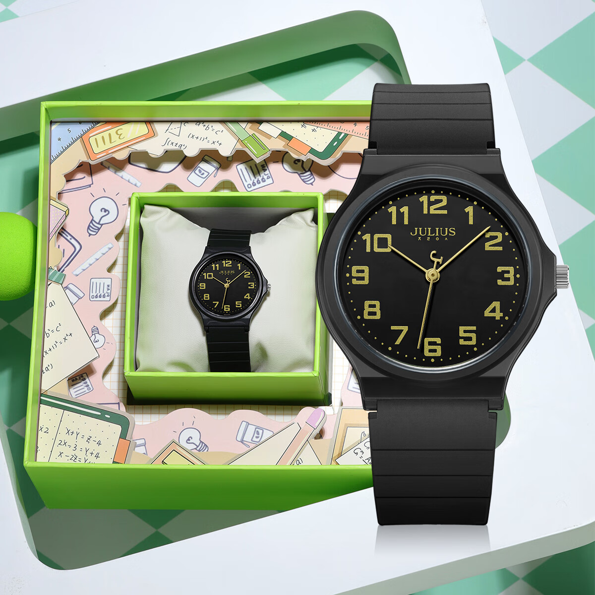 Julius Watch Gift Box for Women And Men, Korean Style Youthful Simple Student Quartz Watch, Unisex Black GREE-1055E