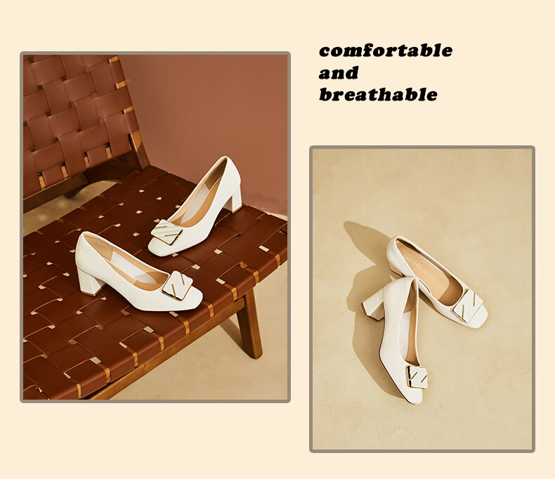 DAPHNE Square Toe Chunky High Heels for Women, Comfortable Shallow Mouth Elegant Fashion Shoes, Height-Increasing Commuter Women's Pumps, Beige, Size 36 13