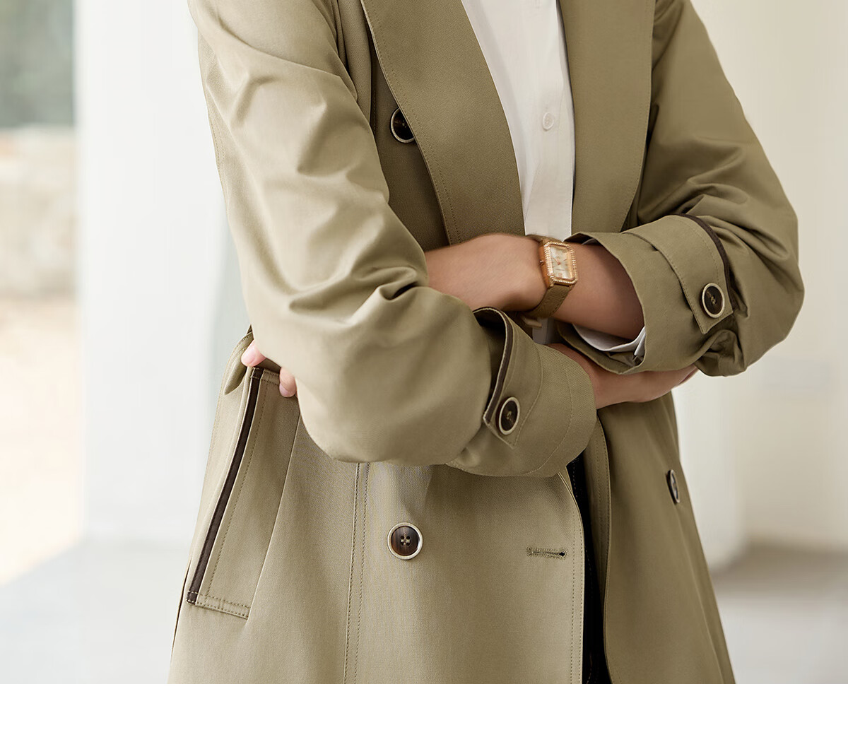 Chushen Spring And Autumn Double-Breasted Windbreaker for Women, Mid-Length, Elegant Classic H-Type Waist-Cinching Slimming Coat S51D003 18