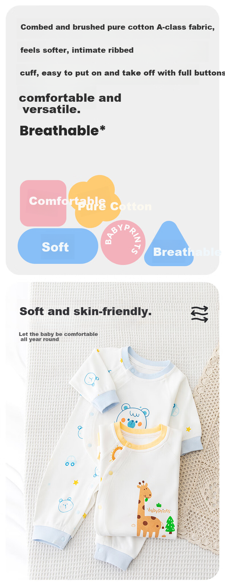 Babyprints Baby Romper, Pure Cotton Class A Onesie, for Boys And Girls, All Seasons Underwear, Soft, Blue Bear Pattern, Size 66 1