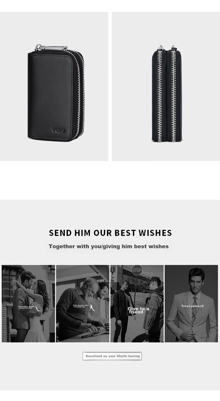 POLO Leather Key Case for Men, Top-Grain Cowhide Card Holder, Multifunctional Storage Pouch, Scratch-Resistant Key Ring, Birthday Gift for Boyfriend 15