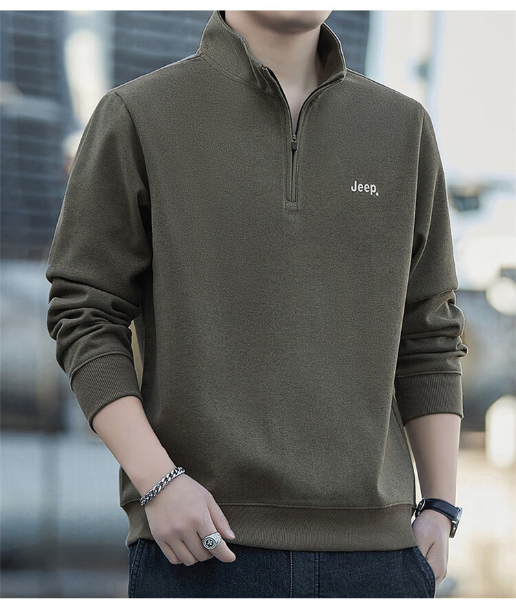 JEEP Men's Sweatshirt Spring Autumn Loose Stand Collar Long Sleeve T-Shirt Heavyweight Trendy Clothing Black L 18