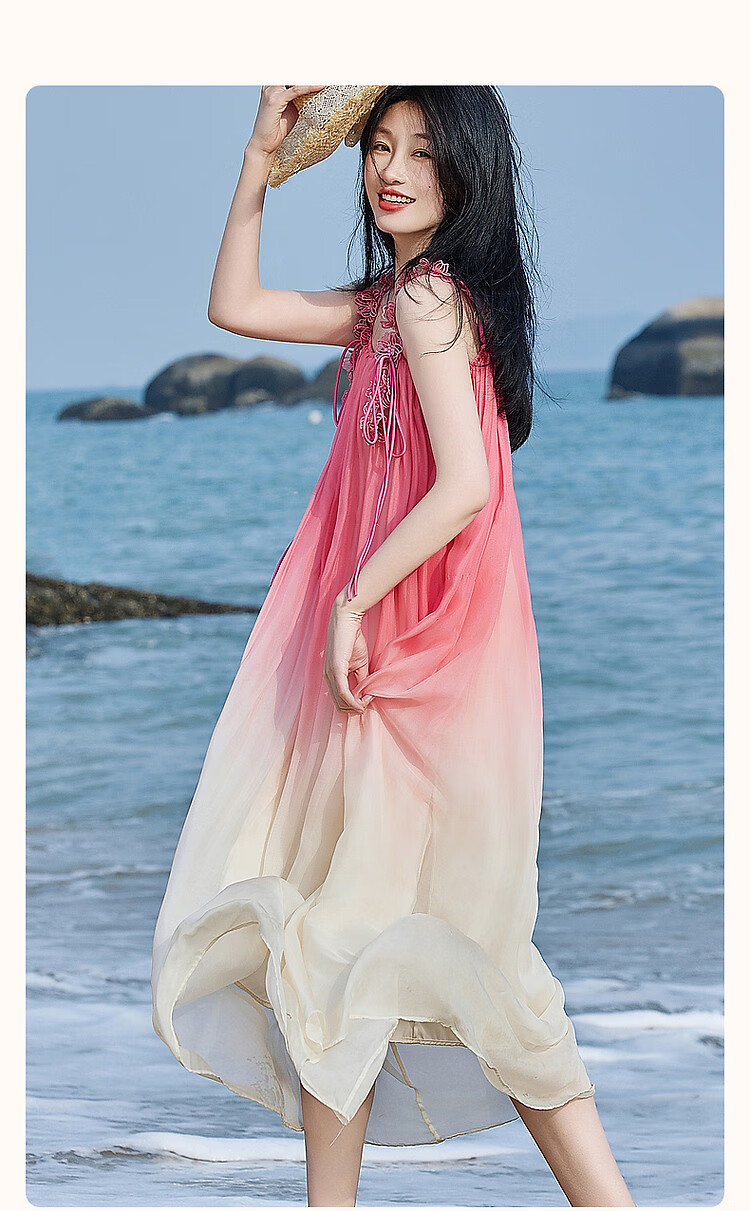 Dme [Dingdai'er Fashion] Summer Flowy Pink Gradient Chiffon Spaghetti Strap Beach Dress, 3D Floral A-Line Dress 3