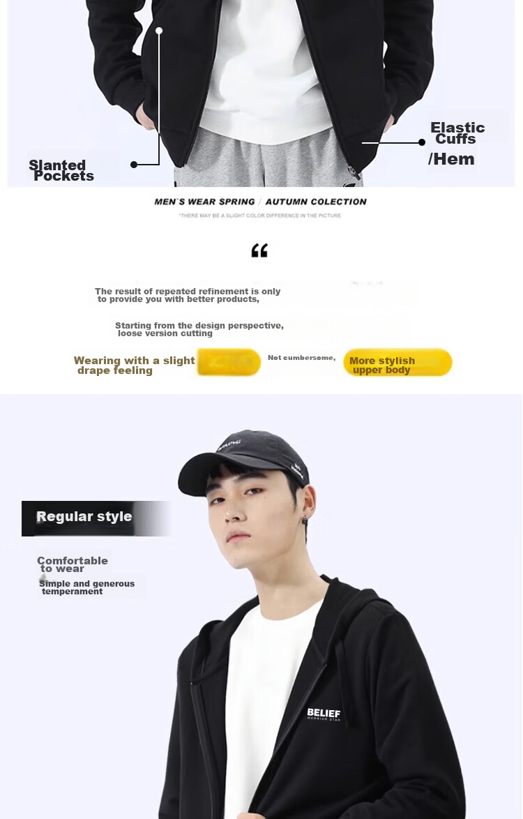 Huili Men's Hooded Cardigan Sweatshirt, Spring And Autumn Fashion, Loose Casual Simple High Street Knitted Sportswear Jacket 2
