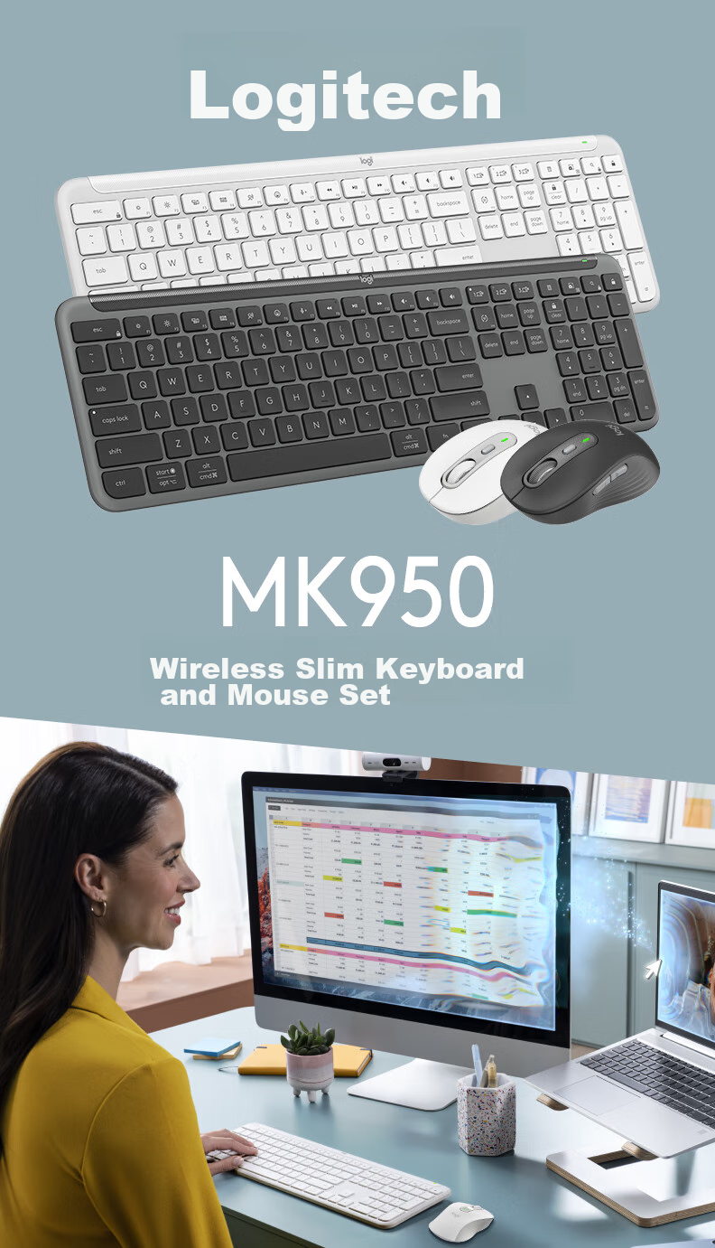 Logitech MK950 Bluetooth Keyboard And Mouse Combo, Premium Series, Office Keyboard And Mouse Set, Wireless Keyboard And Mouse Set, Portable Ultra-Thin Keyboard And Mouse Combo, White 1