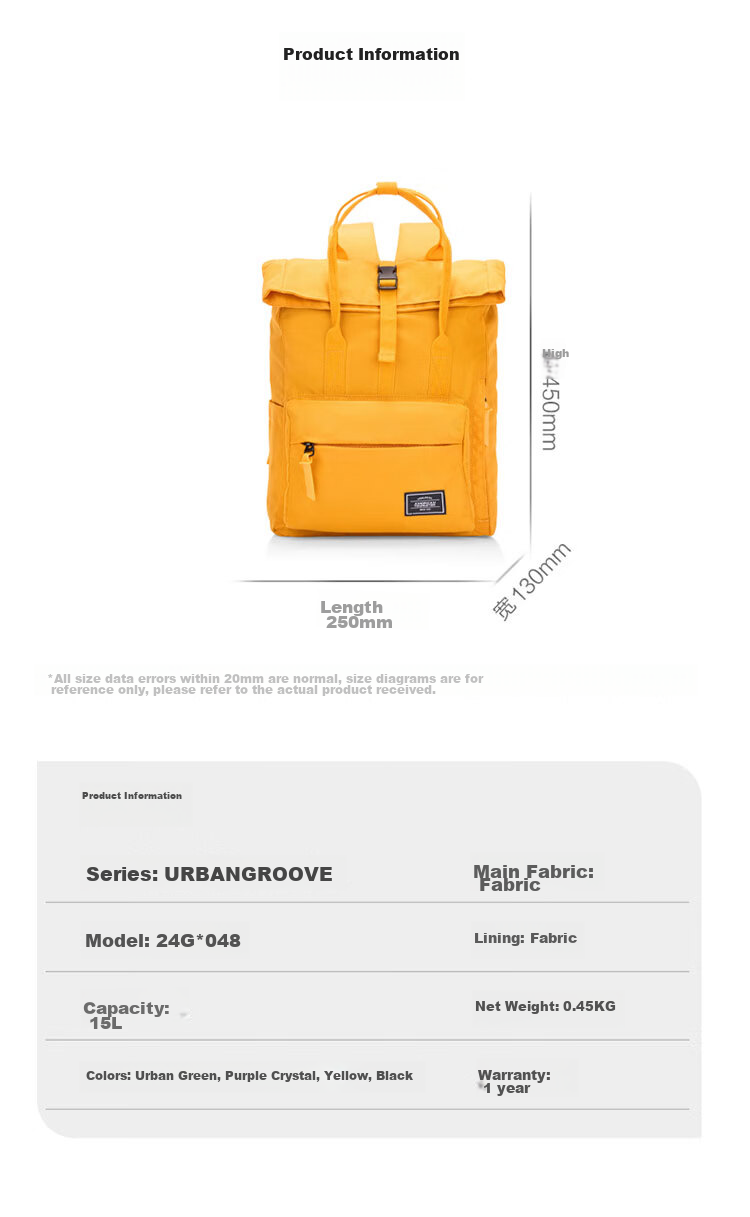 AMERICAN TOURISTER Backpack, Travel Bag, Student Schoolbag, Casual Backpack, Large Capacity Laptop Bag, Roll-Up Bag, 24G Yellow 11