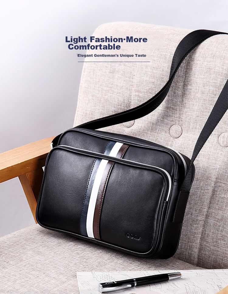 GOLF Shoulder Bag for Men, Top-Grain Leather with Microfiber Crossbody Bag, Business Commute Contrasting Color Messenger Bag, Black 1