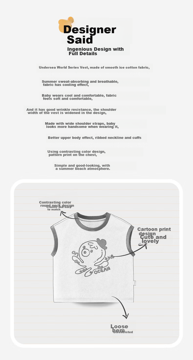 Ciciibear Children's Vest, Boys' Sleeveless T-Shirt, Summer Cool-Feeling Baby Undershirt, Thin Summer Style 2