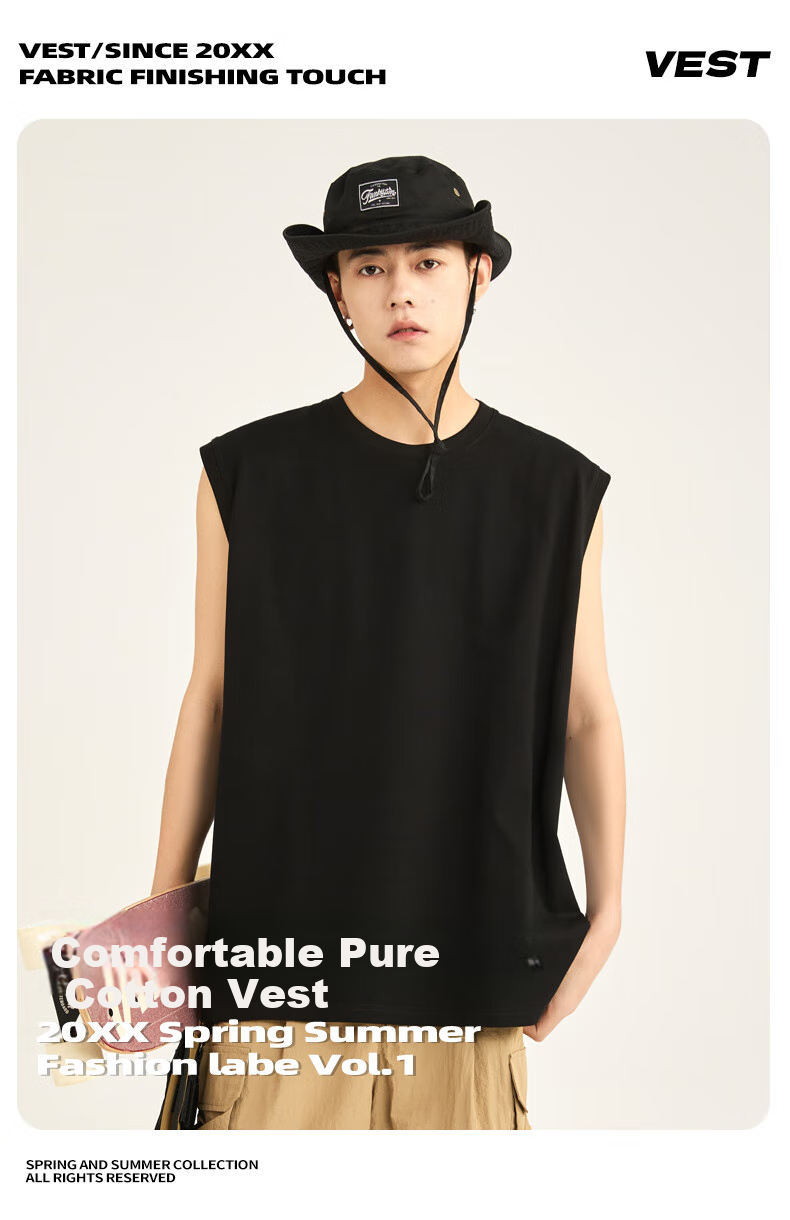 Baleno Cotton Tank Top for Men, Basic Solid Color Casual Versatile Sweat-Wicking Breathable Comfortable Student Sports Clean Version Wide Shoulder Cut Sleeve 1