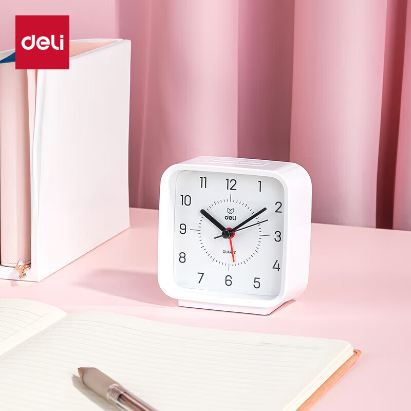 Deli Square Analog Alarm Clock with Night Light, Bedroom Bedside Clock, Student Wake-Up Tool, Essential for School And Advancement, White 8851, Back-To Season, New Year Gift