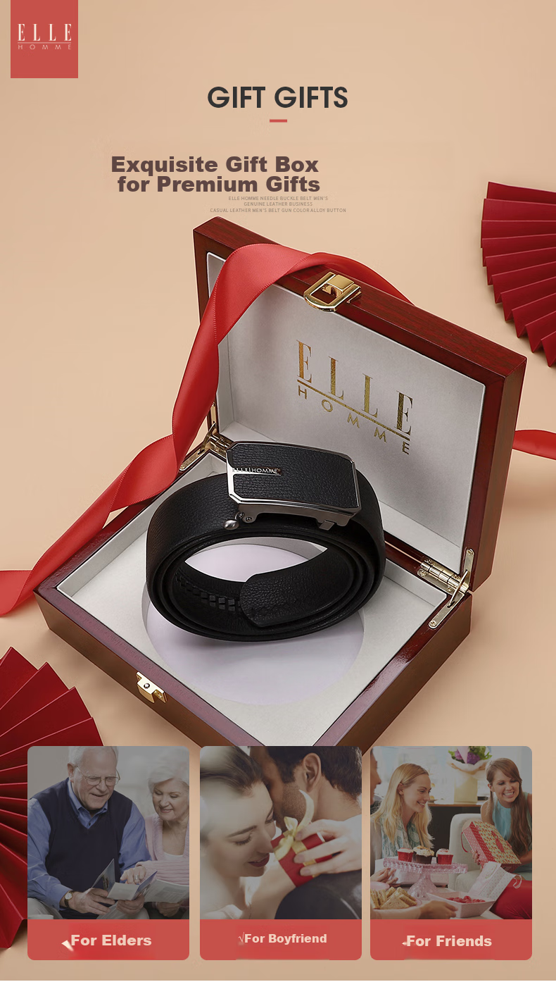 ELLE HOMME Men's Belt, Business Top-Grain Leather Automatic Buckle Waistband, 304 Stainless Steel Buckle Head, Birthday Gift for Me 1