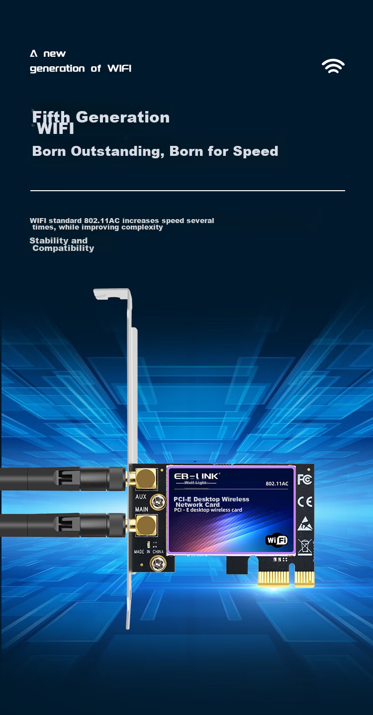 EB-LINK Intel 7265 Chip PCI-E Desktop Computer Built-In Wireless Network Card, WiFi 5 Dual-Band 1200M Gigabit Network Card, PCIE Gaming Desktop Computer Network Card 3