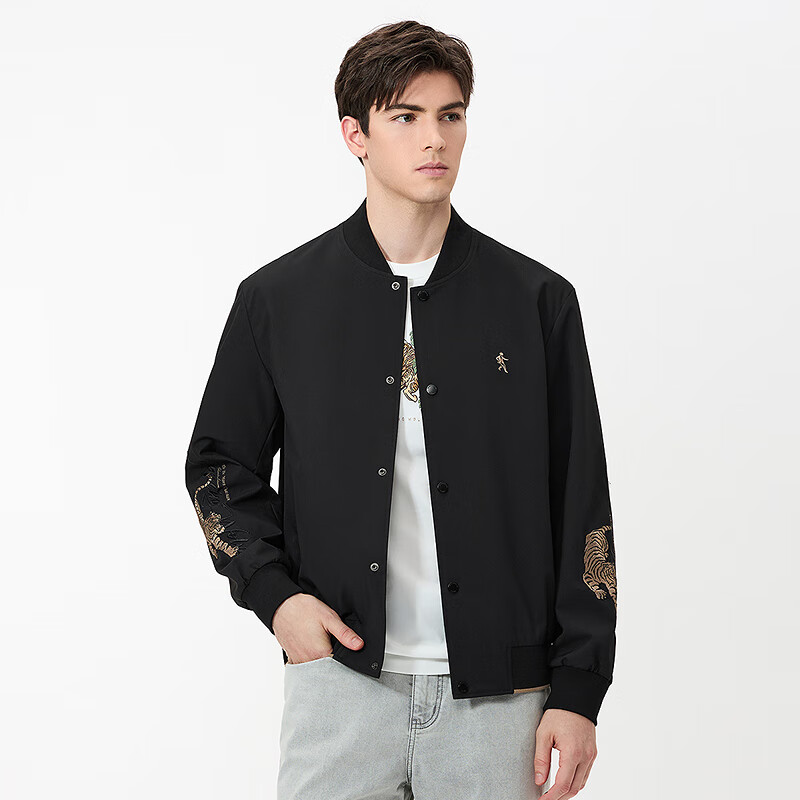 DANCING WOLVES [Tiger Logo Embroidery] Men's Baseball Collar Jacket, Easy-Care Versatile Coat, 001 Black, L(175)