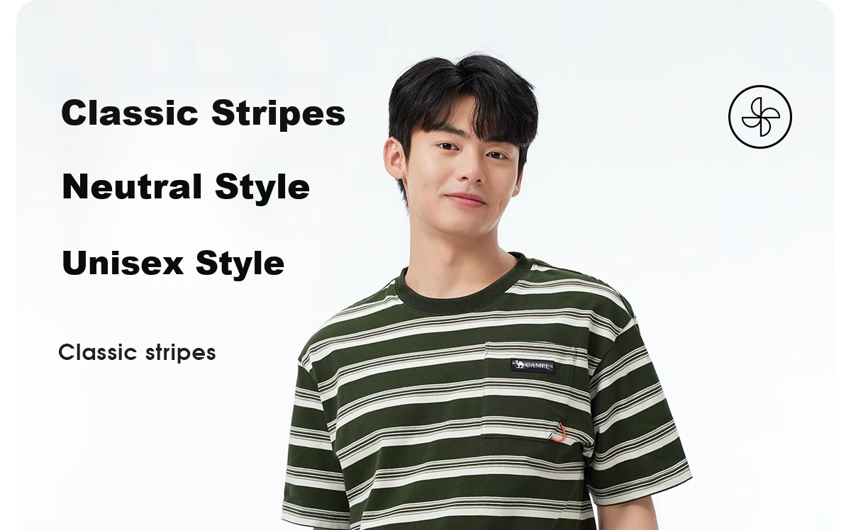 CAMEL 100% Cotton Outdoor T-Shirt Women Spring Summer Breathable Loose Fit Stretchy Striped Short Sleeve Top Men V010 24