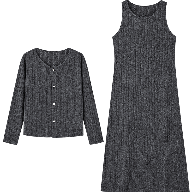 Dme 【Well-behaved Girl】Spring and Autumn New Lazy Matching Set A-line Dress Knit Cardigan Two-piece Women's Fashion Set