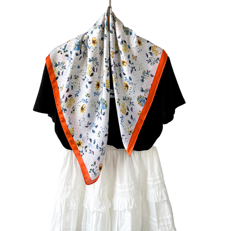 GLO-STORY Scarf and Scarf Buckle Set 70cm French Elegant Small Floral Print Square Scarf Gift Box
