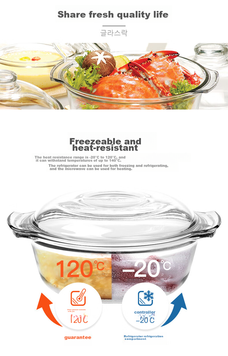 GLASSLOCK Imported Tempered Glass Bowl with Lid, Microwave-Safe Large Salad Bowl, Transparent Double-Handled Soup Bowl Tableware 1030ml 6
