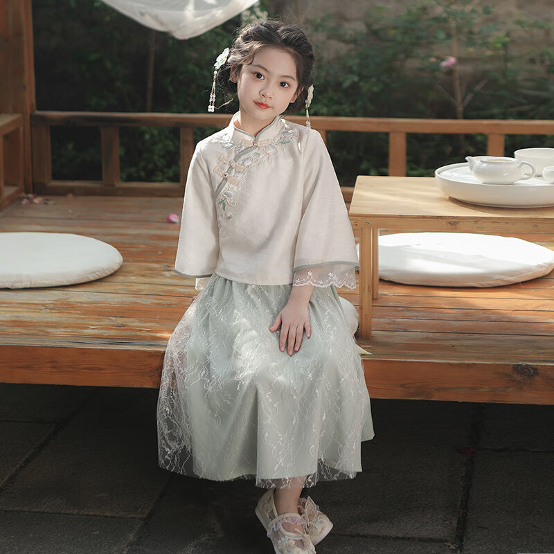 Qibo Hanfu Girls' Spring And Autumn Mid-Autumn Festival Kindergarten Performance Children's Chinese-Style New Traditional Set, Qingdai Long Sleeve, Size 100