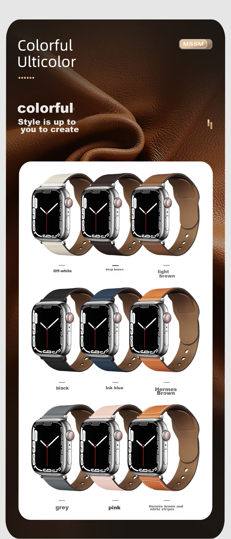 MSSM Leather Watch Strap Compatible with Apple Watch, Swift Cowhide Band for IWatch S12/11/ultra4/S10/9/SE3 - Brown 44-49 3