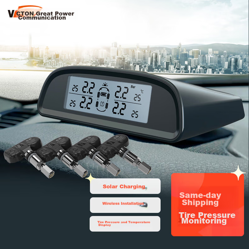 Victon Tire Pressure Monitoring System with Built-In Solar Power, Wireless Tire Pressure And Temperature Display T6 Black