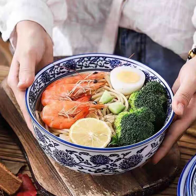 Chuanqi Blue And White Porcelain Noodle Bowl, 7-Inch Underglaze Ceramic Soup Bowl, Wide-Mouth Large Bowl for Ramen And Noodles, Tableware