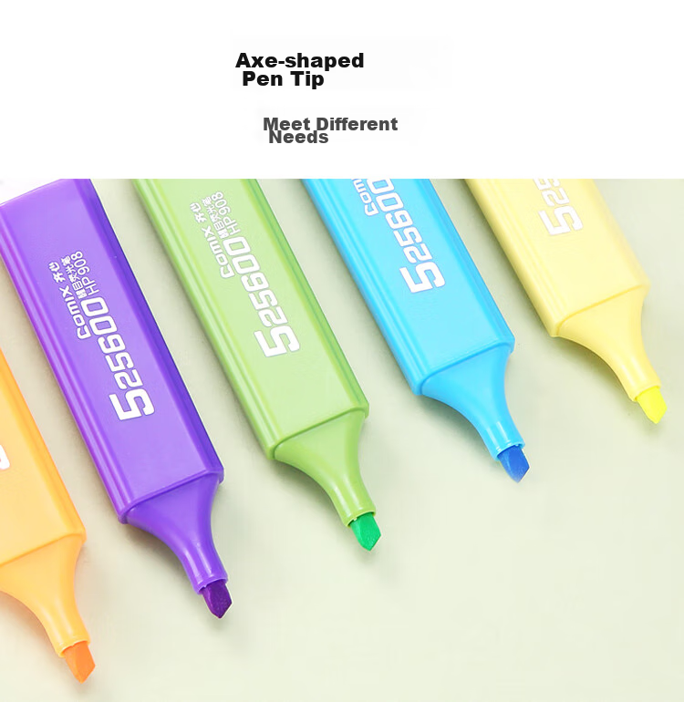 COMIX 6-Color Highlighters with Axe-Shaped Tips, Mixed Colors, 6 Marking Pens for Students' Key Points, Office Use, Study, Water-Based EHP02 Back-To Essential Colorful Markers for Students 5