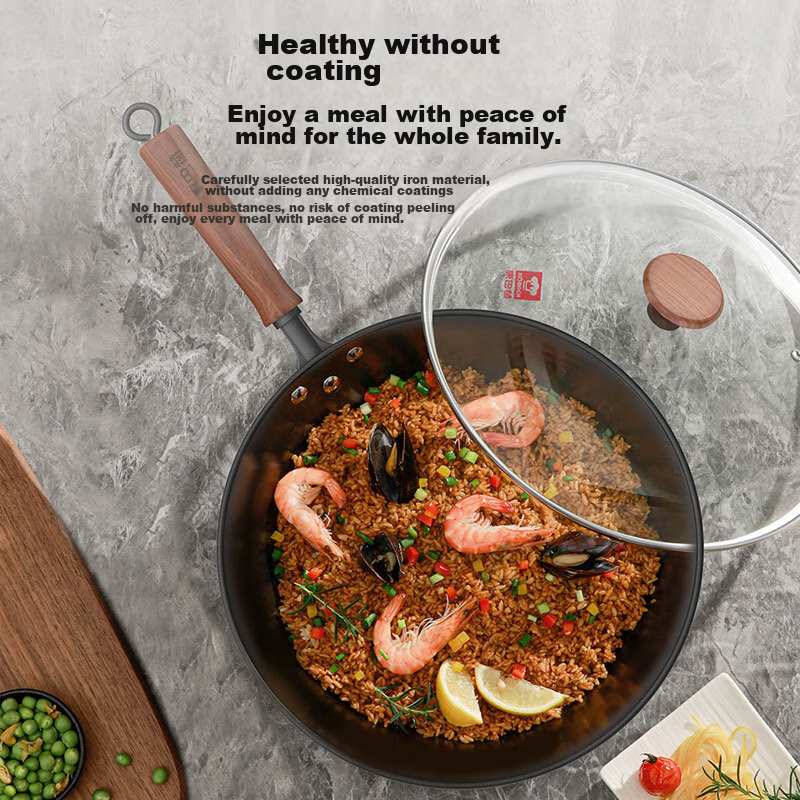 KBH Iron Wok, Uncoated, Large Capacity, for Home Cooking, 32cm, Suitable for Induction Cooker And Gas Stove