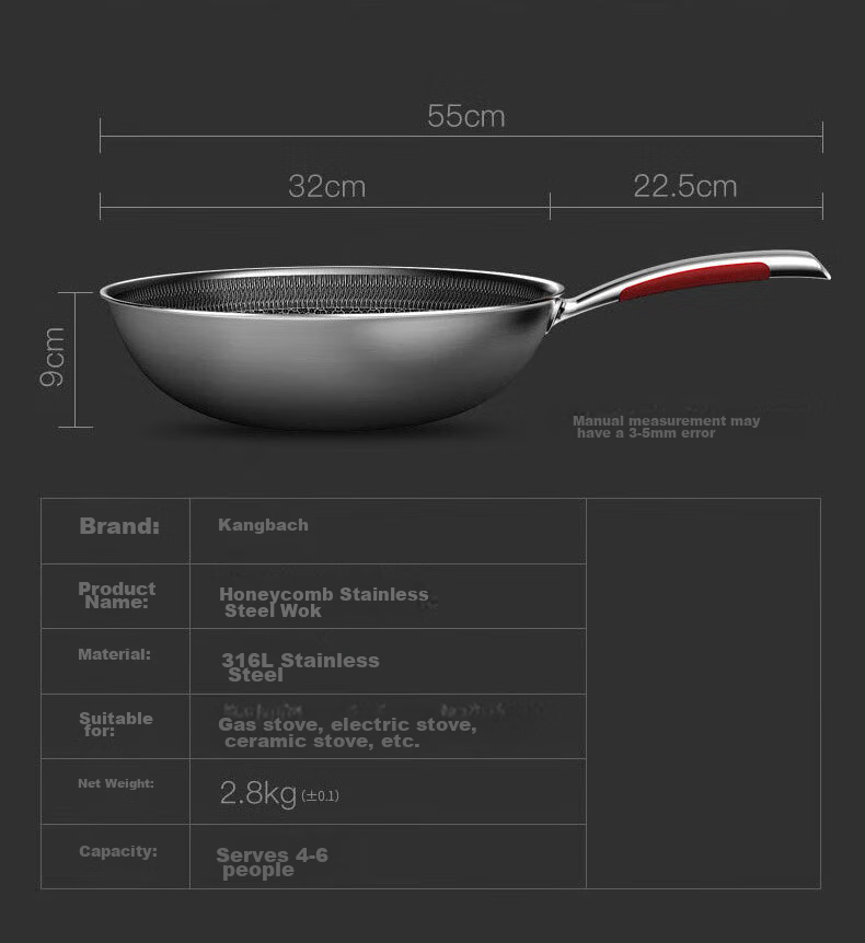 KBH Non-Stick Wok, 316L Stainless Steel Frying Pan, 32cm Honeycomb Flat Bottom Skillet, Compatible with Induction And Gas Stoves 22
