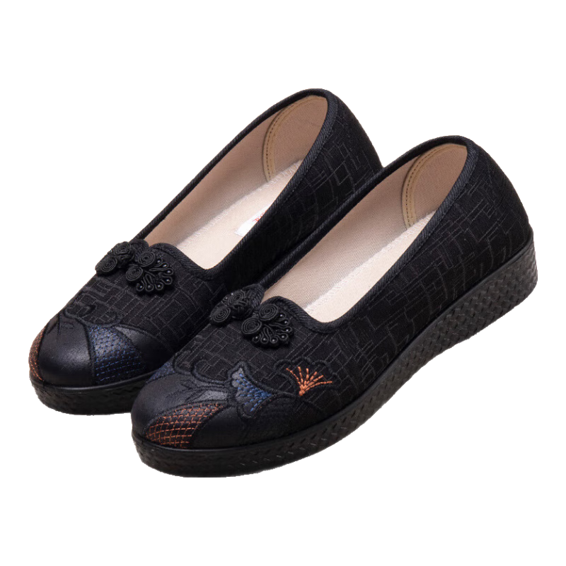 Weizhi Women's Single Shoes, Soft Sole Mom Shoes, Slip-On Embroidered Chinese Style Old Beijing Cloth Shoes, WZ1044 Black, Size 38