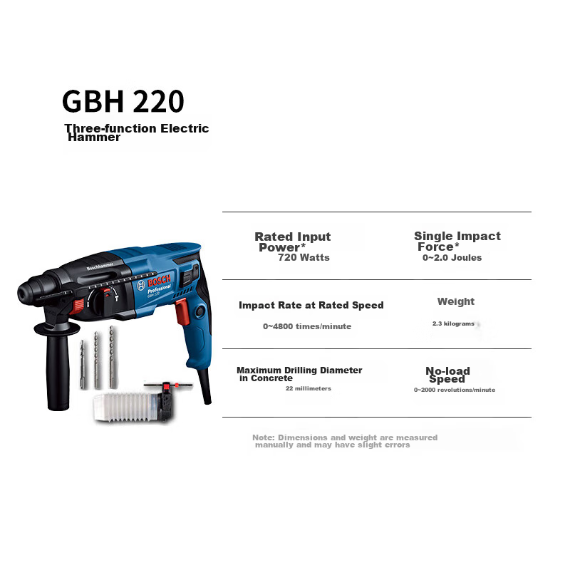 BOSCH Hammer Drill, Electric Drill, And Pick Three-In 2kg Lightweight Household Hammer Drill GBH220 with Drill Bits And Accessory Tool Box Set