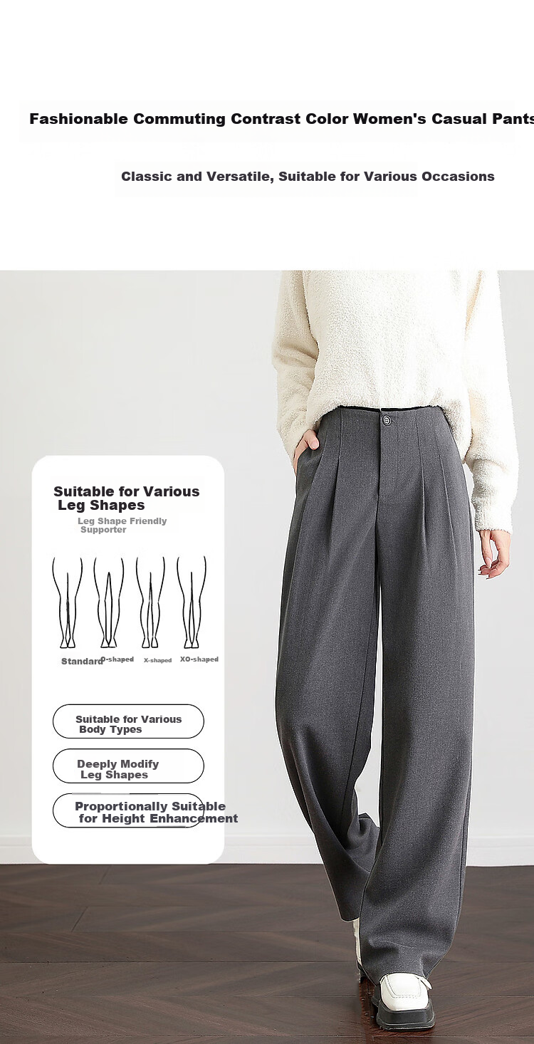 Dme [Zhi Gan Low Saturation] Spring And Autumn Smart Commute Waist-Cutting Color-Block Long Pants Double-Folded Brushed Women's Casual Trousers 2