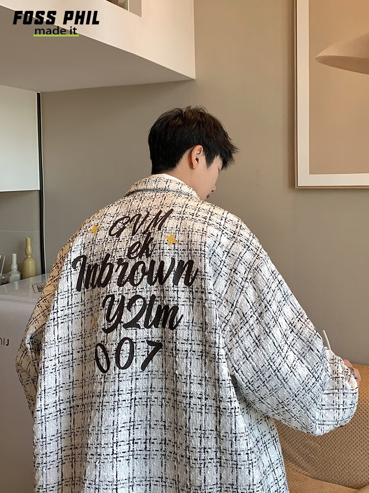 Foss Phil Men's Jacket, Spring And Autumn Fashion Brand Chanel-Style Coat, Plaid Lapel, Korean Version Loose Outerwear, FPJK10 Black M 16
