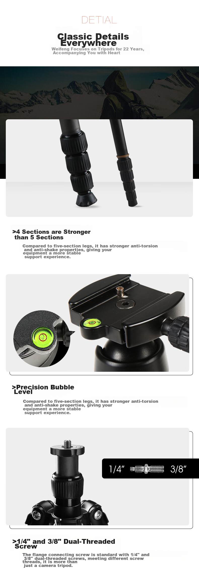 Weifeng WF-C6620A, Eight-Layer Carbon Fiber Tripod, Mirrorless And DSLR Camera Photography And Video Tripod, Portable Travel Tripod, Selfie Live Streaming Outdoor Floor Stand 15
