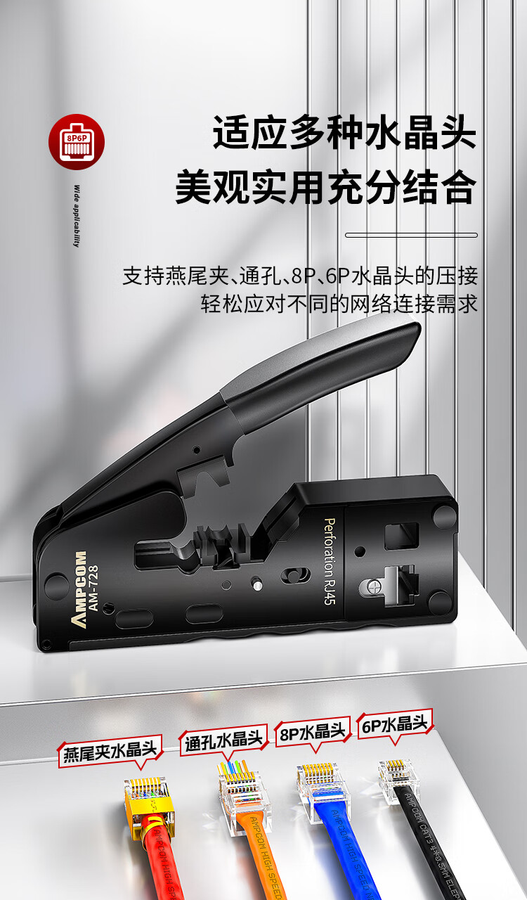 AMPCOM Flagship AMPCOM Category 7 Cable Crimper, Through-Penetrating Swallow-Tail Clip, Cat5e/6/7 Shielded RJ45 Connector Crimping Pliers, 4-In Wire Stripper/cutter/breaker AR728YE 11