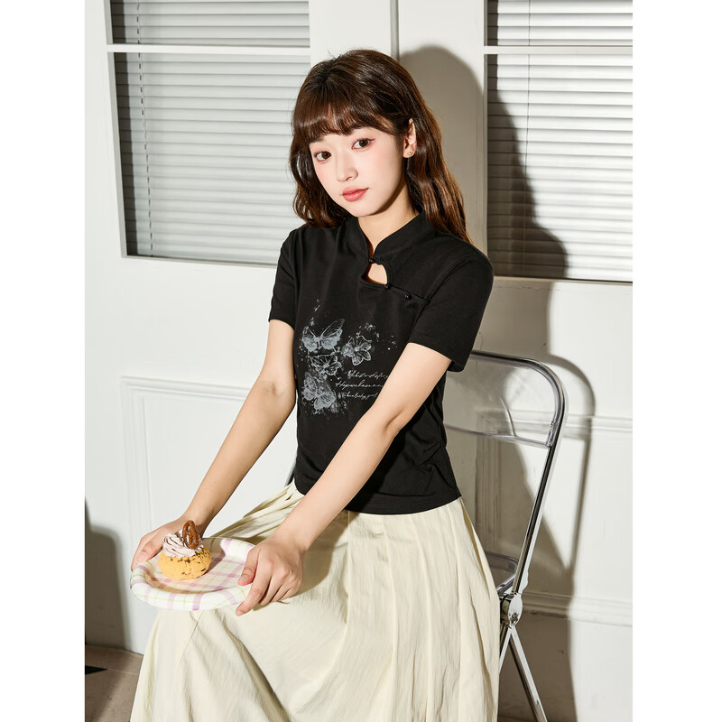 TonLion 2025 Women's New Chinese-Style Butterfly Pattern Short-Sleeve T-Shirt, Black, M