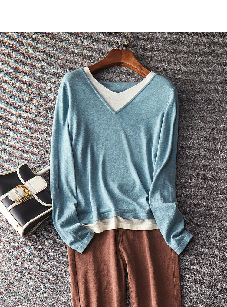 Dme [Color-Block Casual Knit Sweater] Spring And Autumn Commuter V-Neck Loose Long-Sleeve Sweater for Wome 17