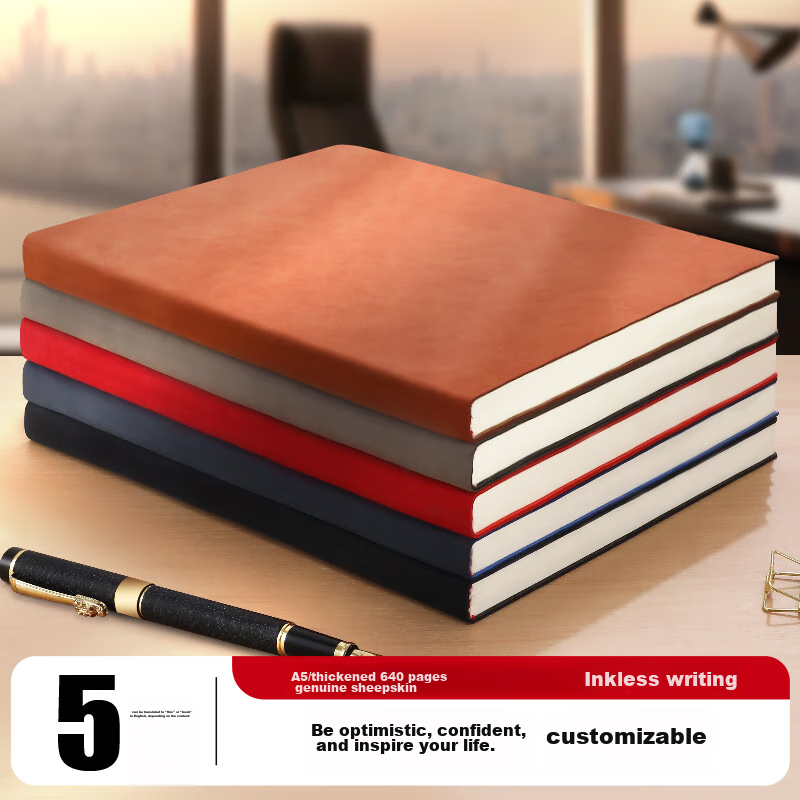 Jiaranheng [Set of 5] Business Notebooks A5 Lambskin Cover Notebooks Diary Office Work Log Stationery Meeting Record Books Customizable