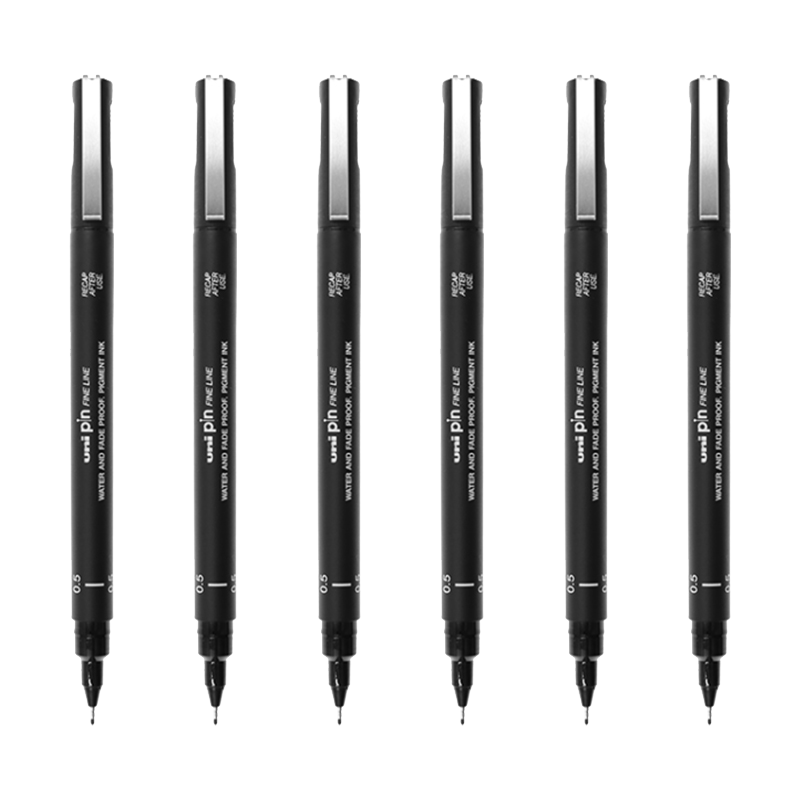 Uni Mitsubishi 0.5mm Water-Based Drawing Needle Pen PIN-200 Art Design Outlining Pen 6pcs