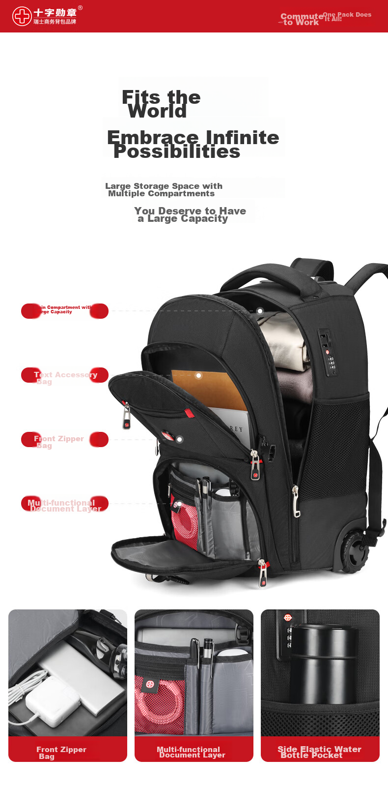 CROSSGEAR Backpack with Wheels, 17.3-Inch Large Capacity Business Travel Luggage, Carry-On Suitcase, Student Backpack 4