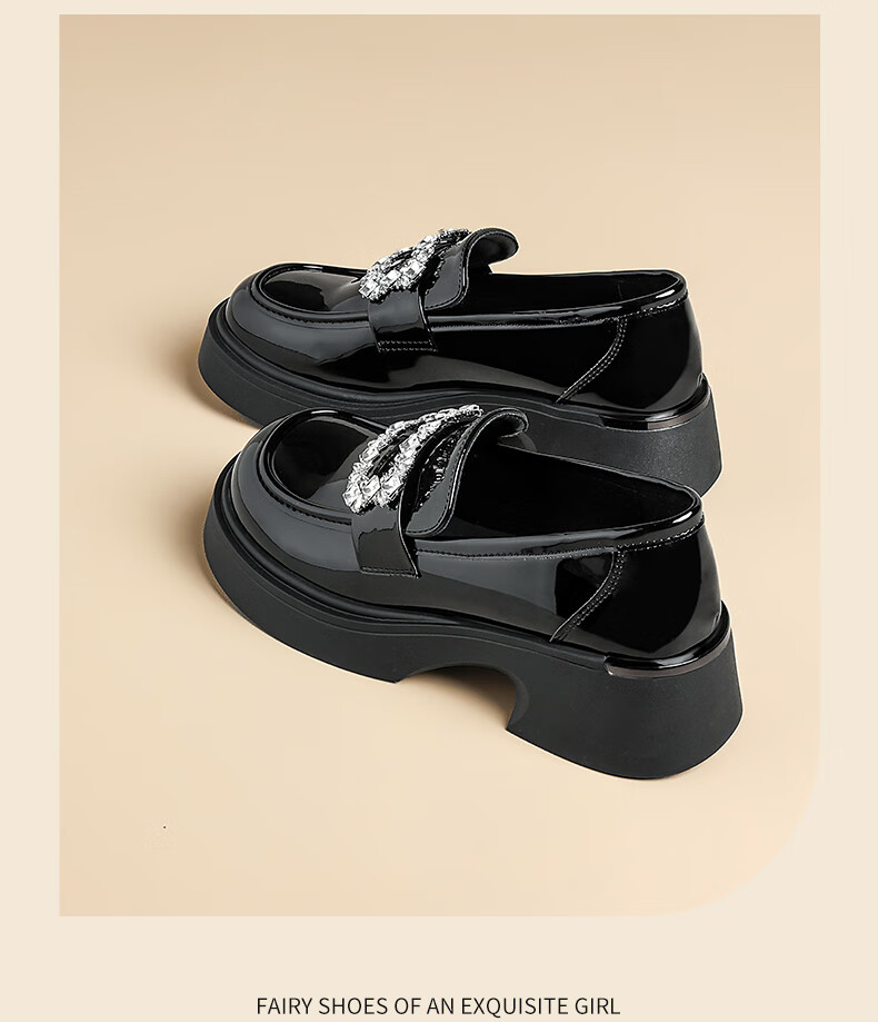 ZHR Women's Loafers, Fashionable Patent Leather Versatile Rhinestone Women's Shoes, Thick-Soled Heightening Black Leather Shoes for Women, JF76 Black, Size 37 16