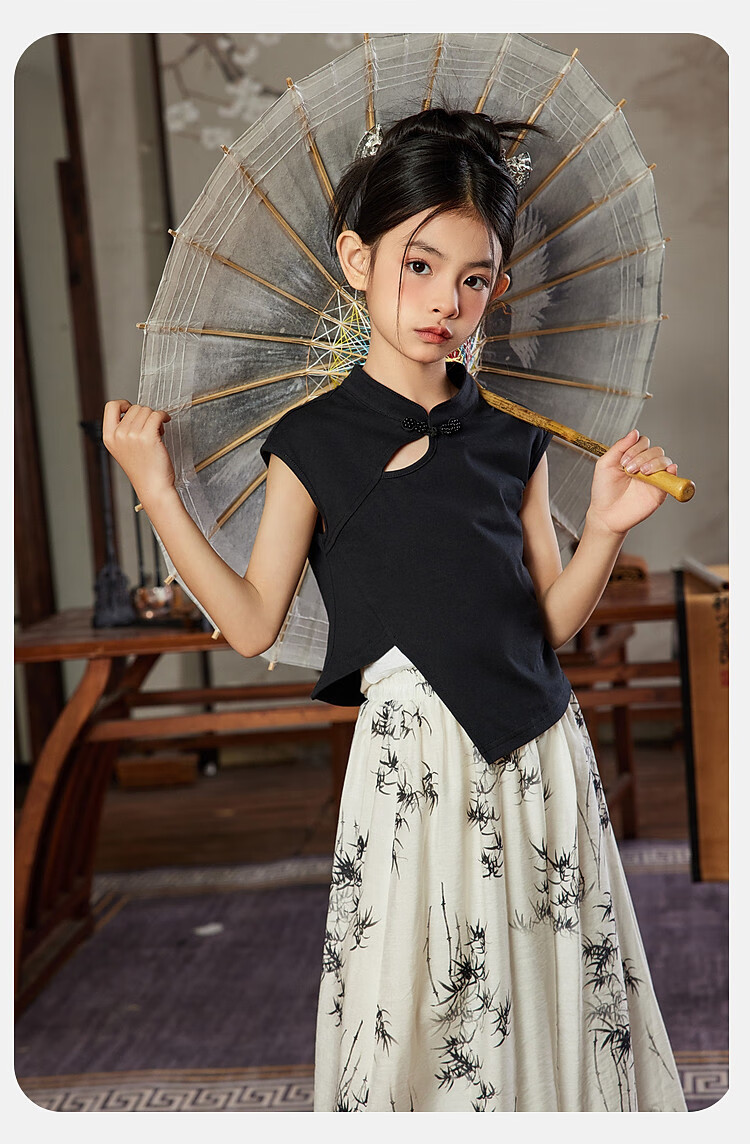 ASK JUNIOR Girls Summer Hanfu Set Chinese Style T-Shirt and Printed Long Pants for Older Kids 8