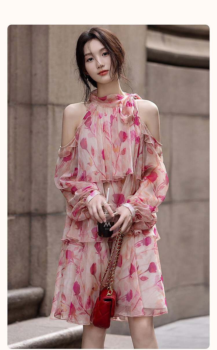 Demana [Hot Valley Eternal Summer] Spring Summer Elegant Off-Shoulder Tie Diamond Chiffon Gradient Print Dress for Women 2