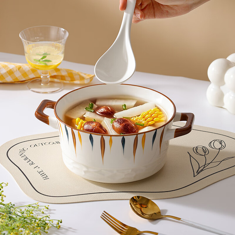 Керамическая суповая миска Chuanqi, 10 дюймов, с двойными ручками, элегантные линии, для домашней сервировки