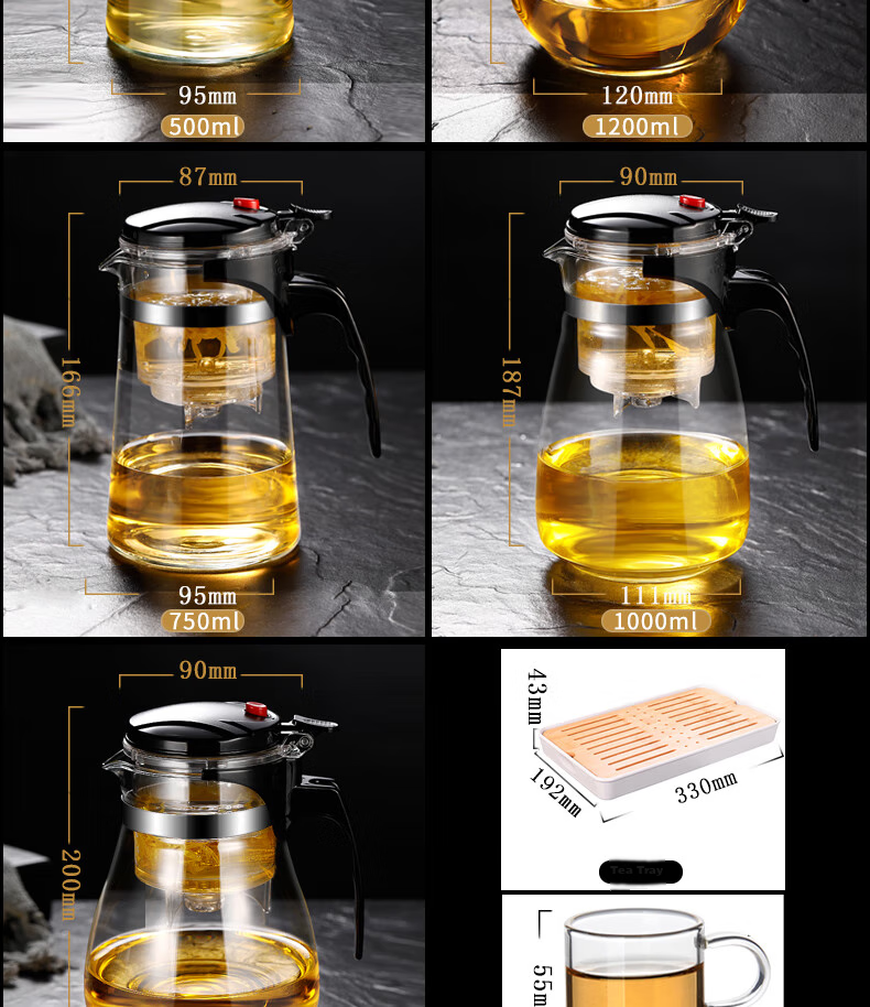Ranye Glass Teapot with Heat-Resistant Cup, Press-Type Tea Infuser with Separate Compartments, 1000ml Simple Filter Tea Pot SY1000 9
