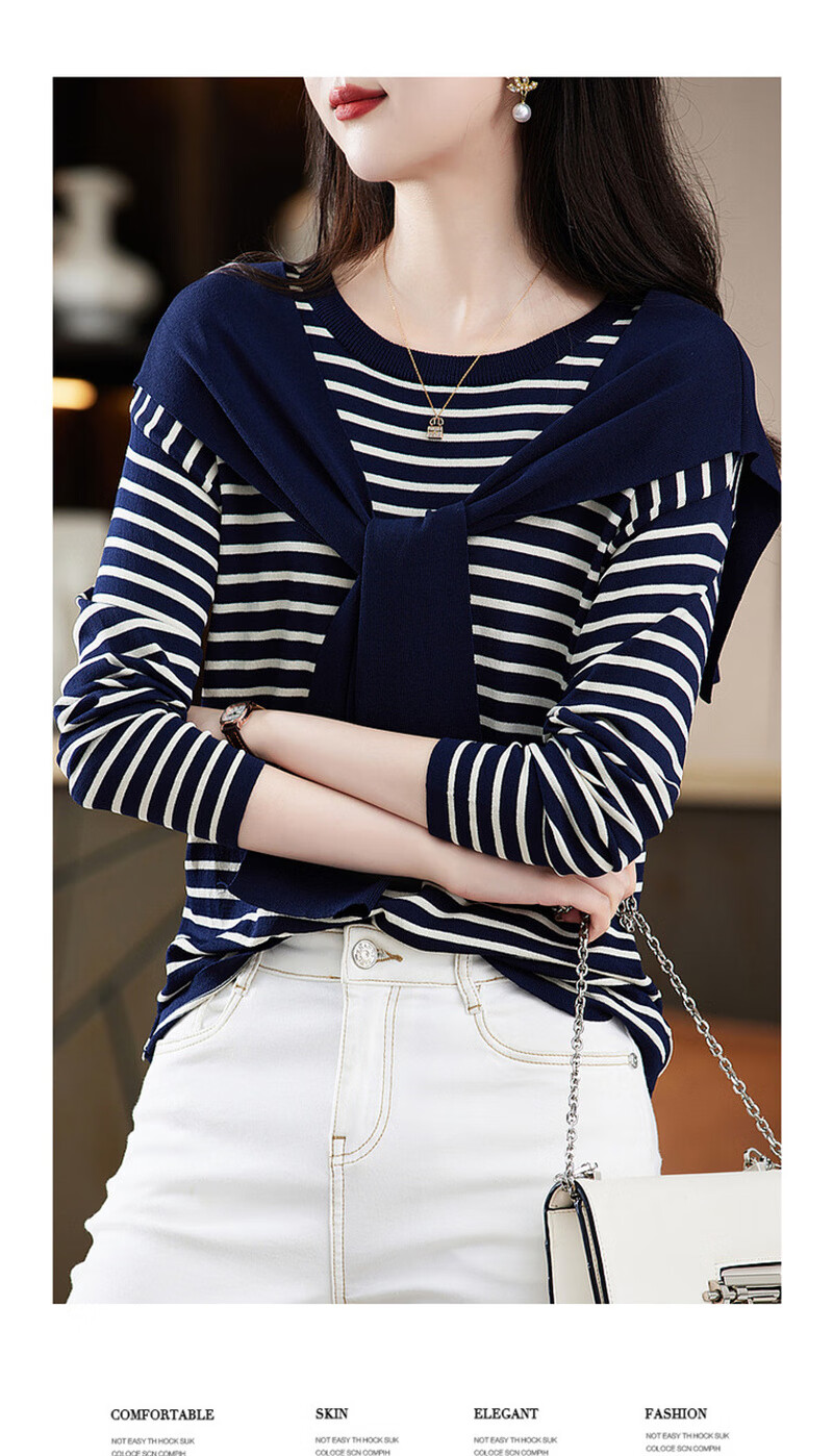Dme [French Knit Sweater] Spring And Autumn Round Neck Double Curved Striped Contrasting Color Women's Knit Sweater, Off-White, XL 5