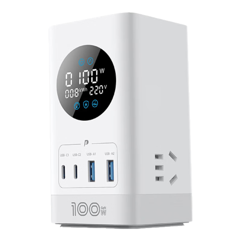 BULL New National Standard Smart Digital Display Screen Gallium Nitride 100W PD Apple Fast Charging Vertical Socket/USB Desktop Surge-Proof Overload Protection Power Strip, 2C2A + 3 Sockets