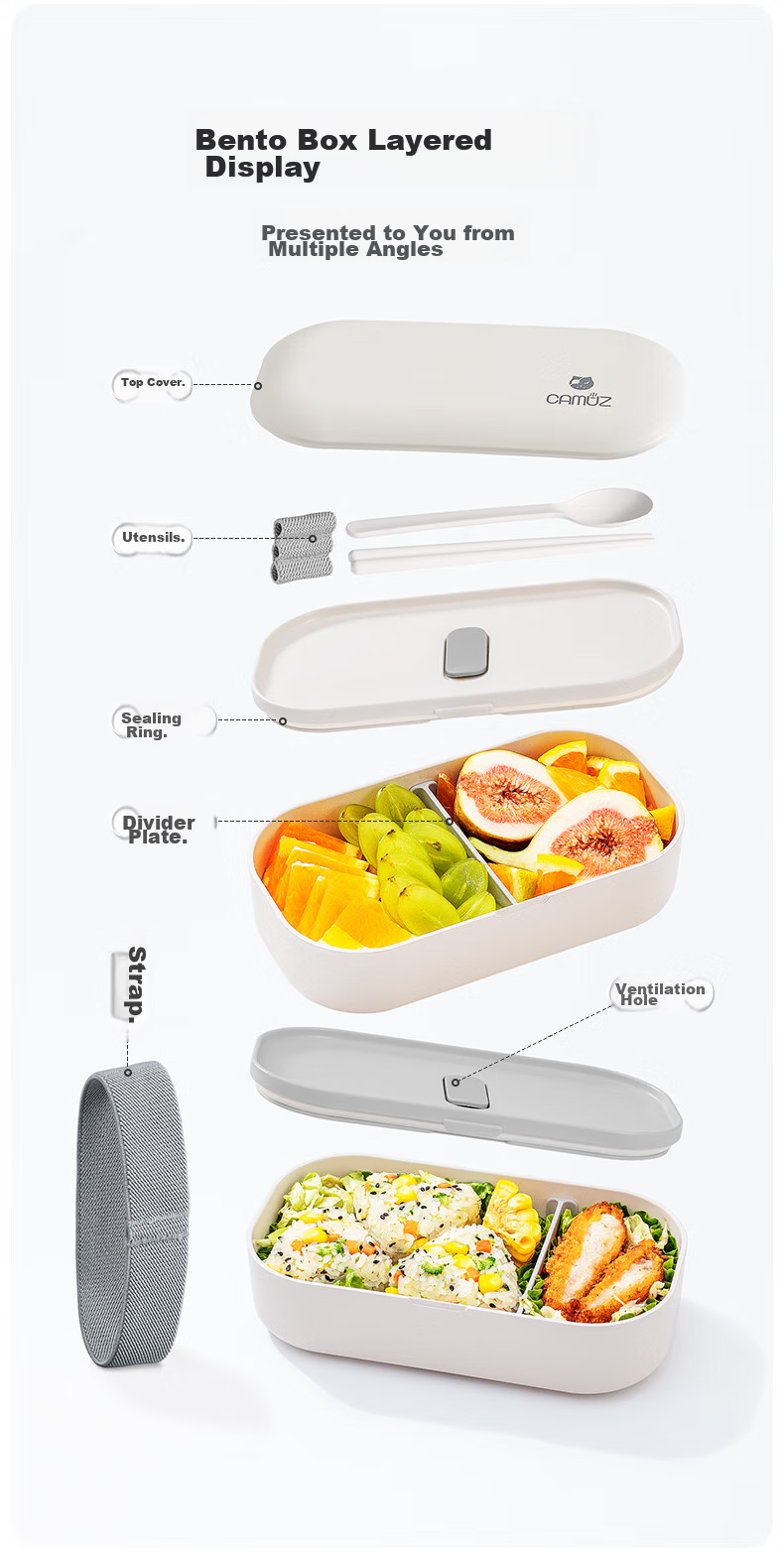CAMUZ Bamboo Fiber Pro Double-Layer Lunch Box Bento Box, Japanese Style, Microwave Safe, 1200ML, White And Black, 3-Piece Set 5